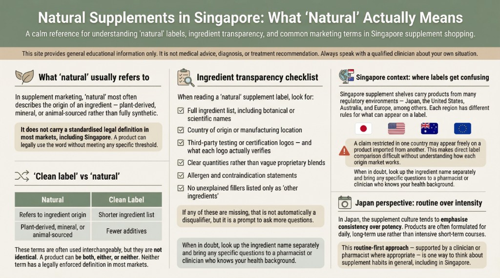 Visual guide: Natural Supplements in Singapore — what 'natural' means, ingredient transparency checklist, clean label vs natural, Singapore context, Japan perspective